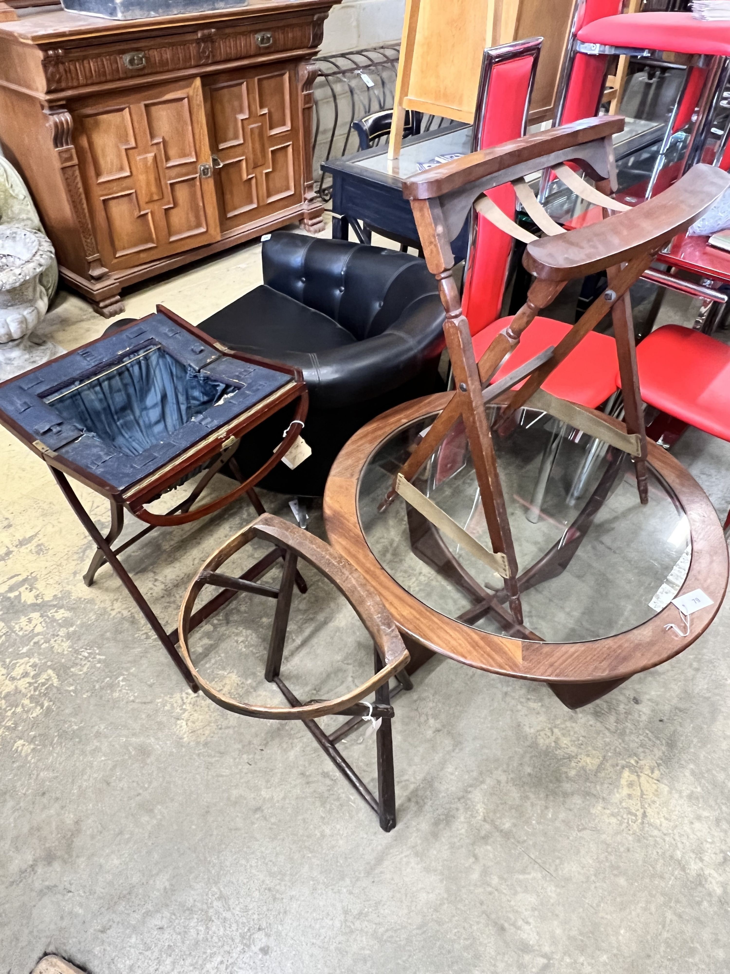 A lace pillow bolster stand, a mahogany work box on folding stand and a lacemaker's pillow stand